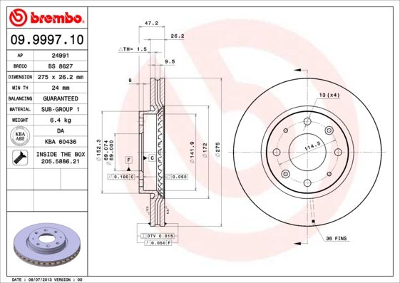 09.9997.10_Диск Тормозной Передний Kia Cerato 1.6/2.0 04> Brembo