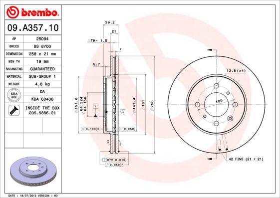 09.A357.10_диск Тормозной Передний Honda Jazz 1.2/1.4I 04-08 Brembo 09A3