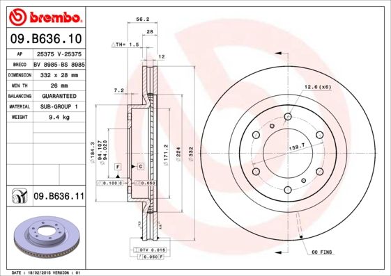 Диск Тормозной Передний 332Mm Вентилируемый Окрашенный Brembo 09.B636.11