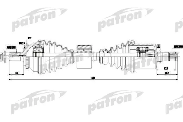 Полуось передняя левая 36X536X26 ABS: 48T VOLVO: S80 I 2,5T 93-06 PATRON PDS0439