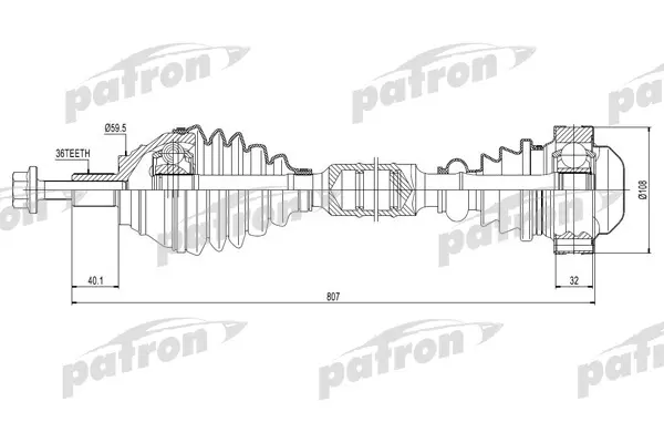 Полуось передняя правая 36x805x108 VW CADDY III 1,9TDI 04-10 PATRON PDS0416