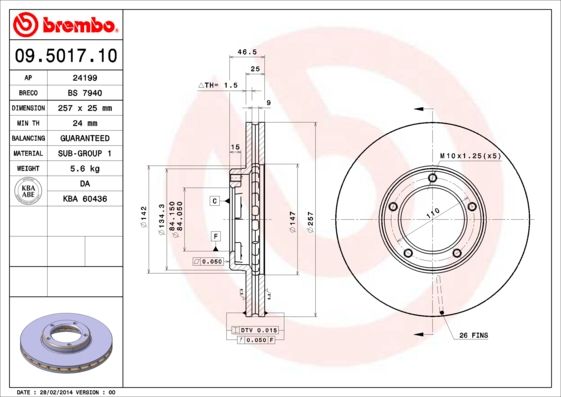 Тормозной диск brembo 09.5017.1