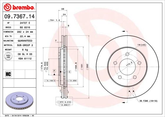 Тормозной диск brembo 09.7367.14