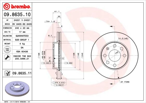 Тормозной диск brembo 09.8635.1