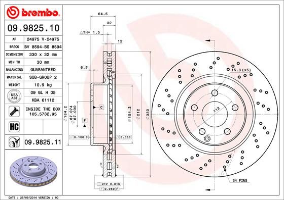 Тормозной диск brembo 09.9825.1