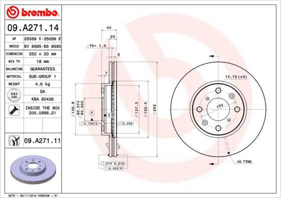 Тормозной диск brembo 09.A271.11