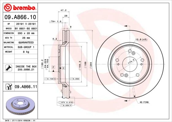 Тормозной диск brembo 09.A866.11