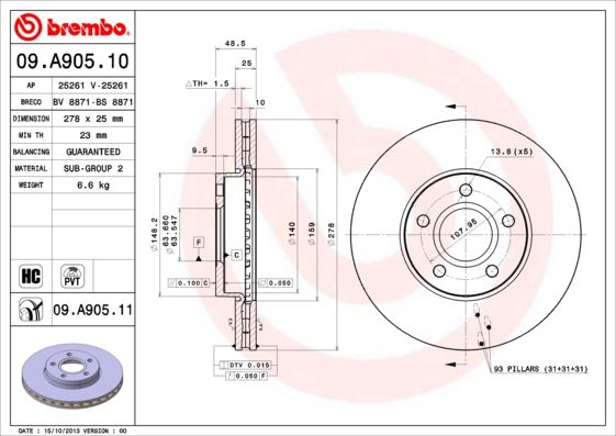 Тормозной диск brembo 09.A905.11