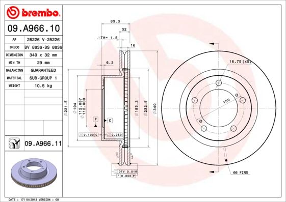 Тормозной диск brembo 09.A966.1