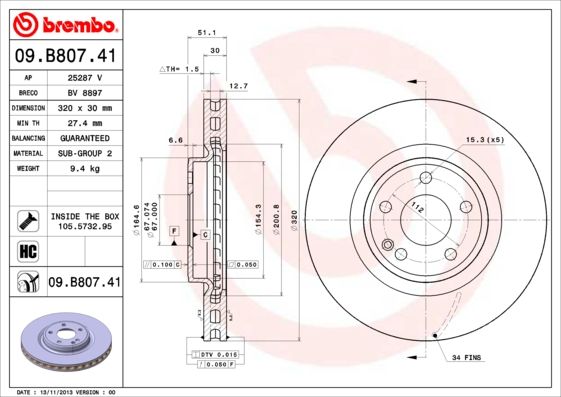 Тормозной Диск Brembo 09B80741