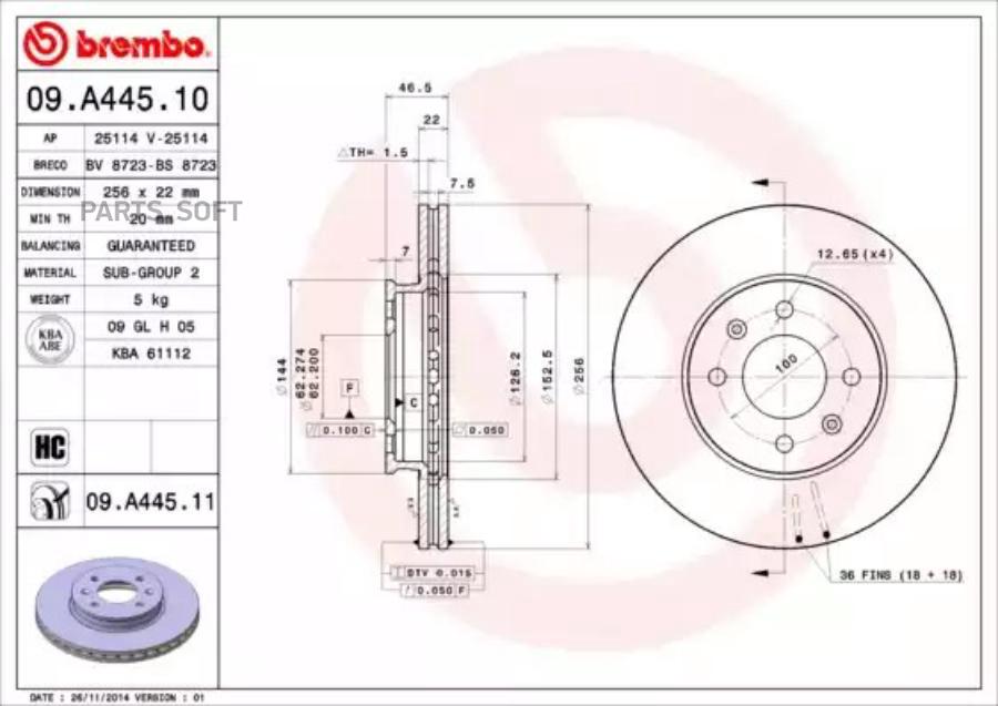 Тормозной диск brembo комплект 1 шт. 09A44511